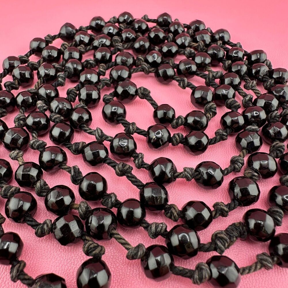 Vintage Czech Glass Necklace Jet Black Beads Flapper 59" Long Hand Knotted